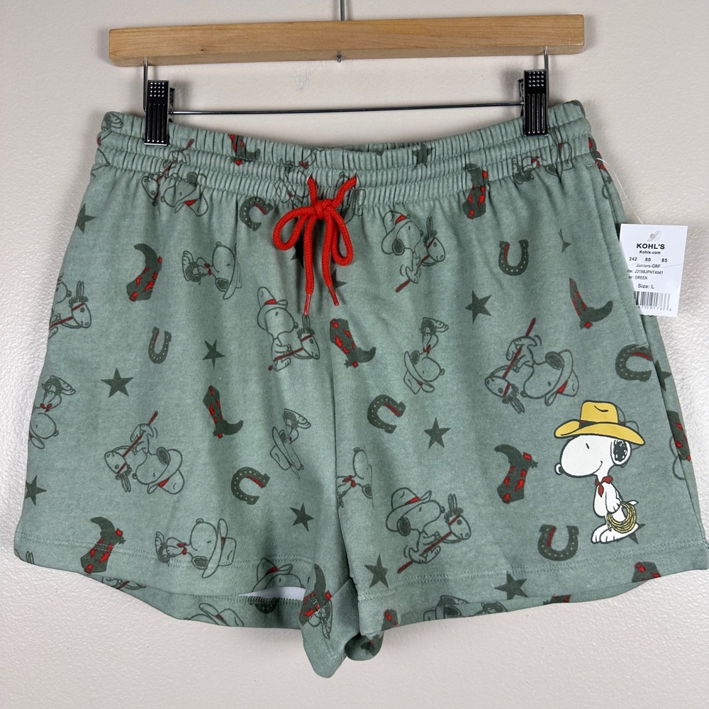 Peanuts Women's L Lounge Shorts Green Snoopy Western Cowboy Graphic Fleece NEW